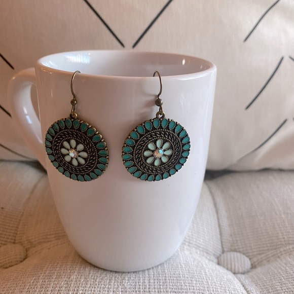 Round Floral Turquoise Earrings - Picture 2 of 6